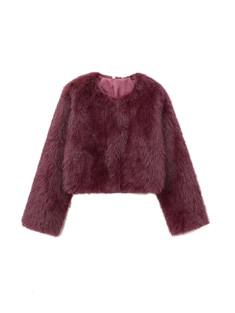 TRZA-Womens Thick Warm Faux Fur Cropped Jacket O Neck Long Sleeve Female Outerwear Chic Tops Fashion 250708
