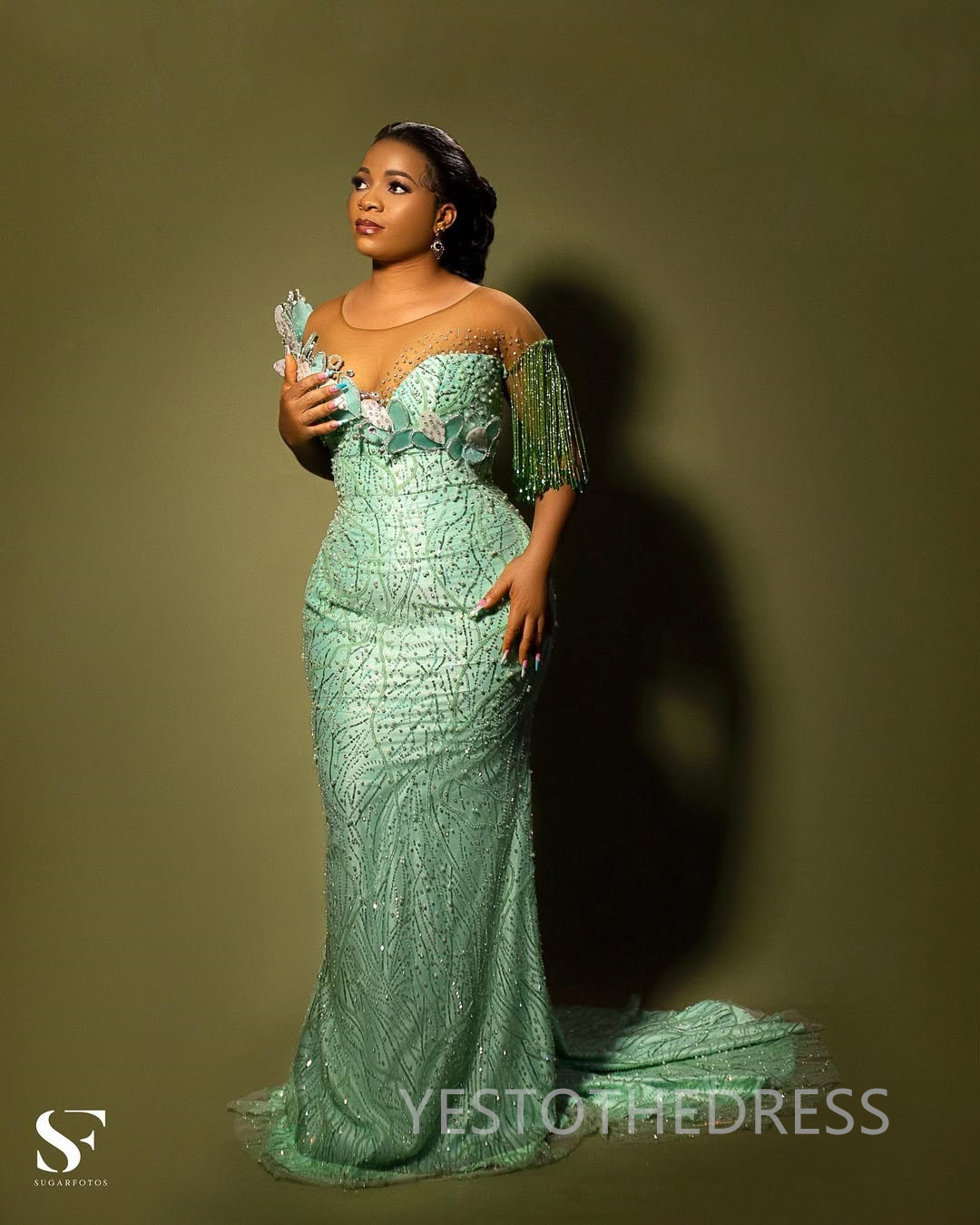 2025 Mint Aso Ebi Prom Dress African Mermaid Prom Dresses Evening Formal Gowns Illusion Sheer Neck Tassel Beaded Lace Birthday Dress Second Reception 