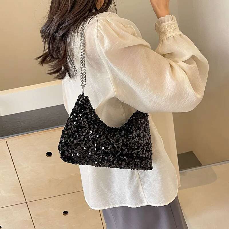 Women Bling Shoulder Chic Sequins Glitter Underarm Sling Adjustable Chain Strap Crossbody Bag Commute Shopping Handbags