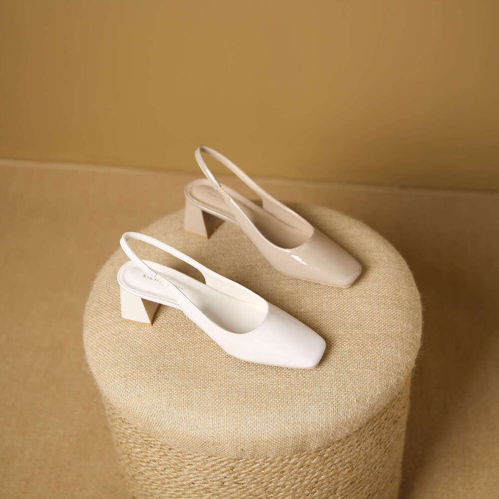 3337-32 One-Strap Square Toe Open Back Shallow Mouth High Heels Summer New Plaid Chunky Heel Sandals Fashion Women's Shoes