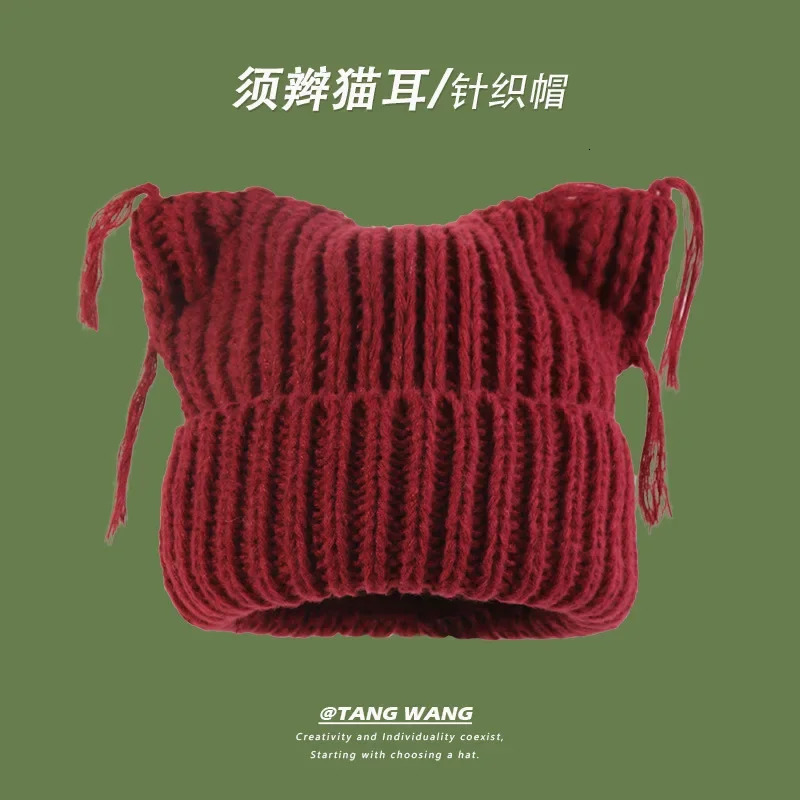 Korean Cute Cat Ear Fringed Knitted Hats for Women Winter Warm Casual Fashion Versatile Pullover Beanies Cap Y2k 250712