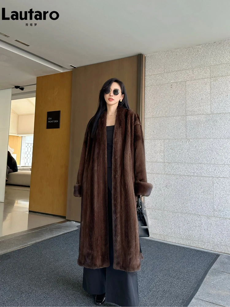 Lautaro Autumn Winter Long Elegant Chic Soft Thick Warm Brown Hairy Faux Mink Fur Coat Women V Neck Fluffy Overcoat 250708