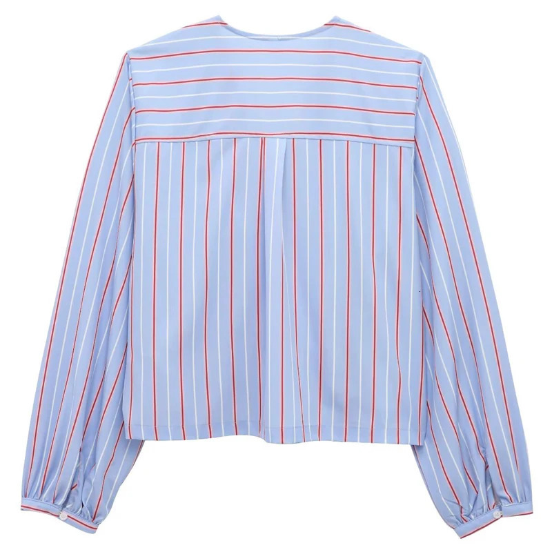 TRAF Striped Shirts Blouses Womens Shirt Spring Cropped Oversized Long Sleeve T-Shirt Elegant Bow Lace-Up Tops For Woman 250708