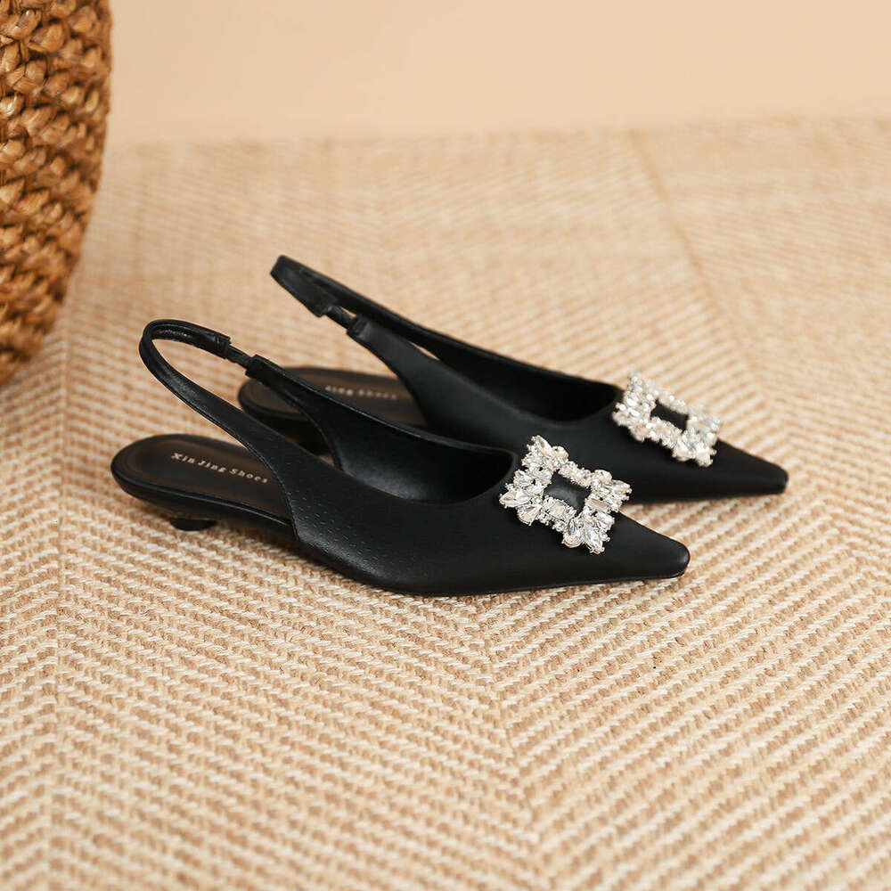 139-6 Sparkling Diamond Pointed Low Heel Spring Summer New French Style Shallow Mouth Square Buckle Backless Flat Single Women's Shoes