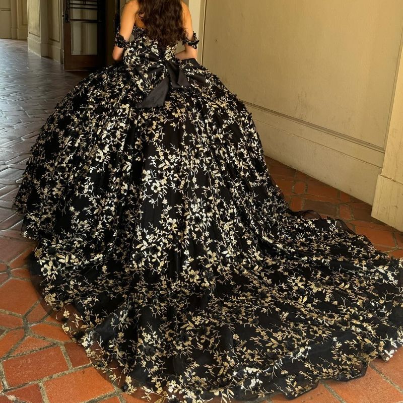 Black Sparkly Quinceanera Dresses Off Shoulder Sequin Gold Appliques Lace Beads Ball Gown Sweet 16 Dress Party Birthday Vestidos De 15 Anos