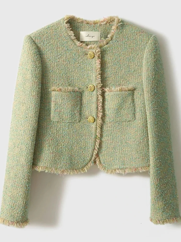 Chic Tassel Green Tweed Jackets Women Elegant Long Sleeve Korean Casual Short Coat High Quality Sweet Outwear Tops 250709