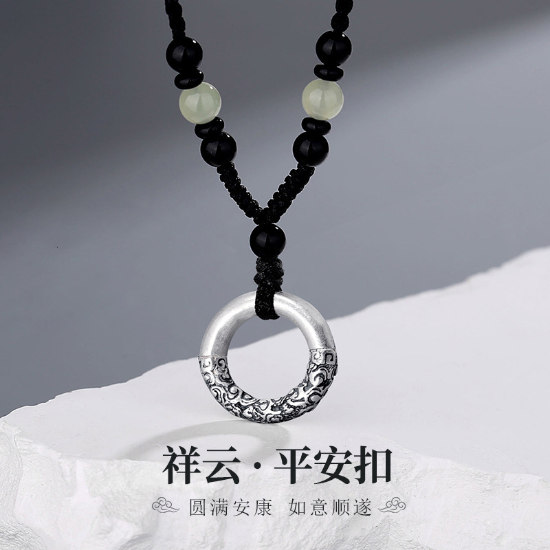 Luxury Jewelry Designer Jewelry Tiqia Real Shot Xiangyun Peace Buckle Necklace For Men, Pure Silver 999, Retro National Trend, Black Agate Beaded Brai
