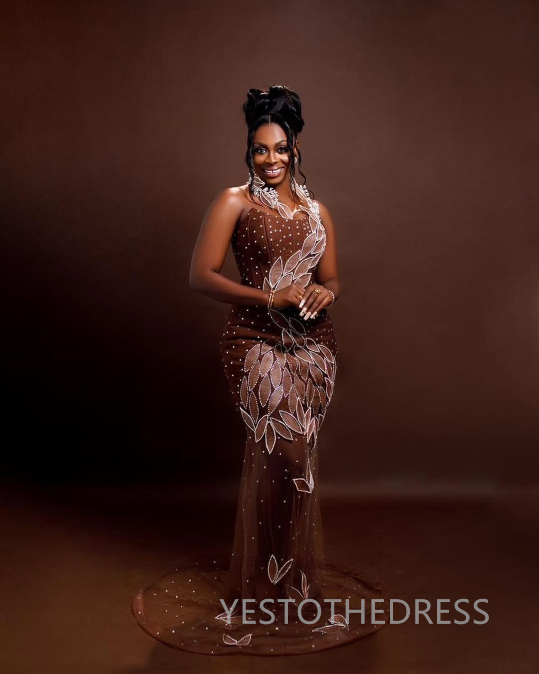 2025 Brown Aso Ebi Prom Dress African Mermaid Prom Dresses Evening Formal Gowns Halter Flora Beaded Rhinestones Birthday Dress Second Reception Gown A