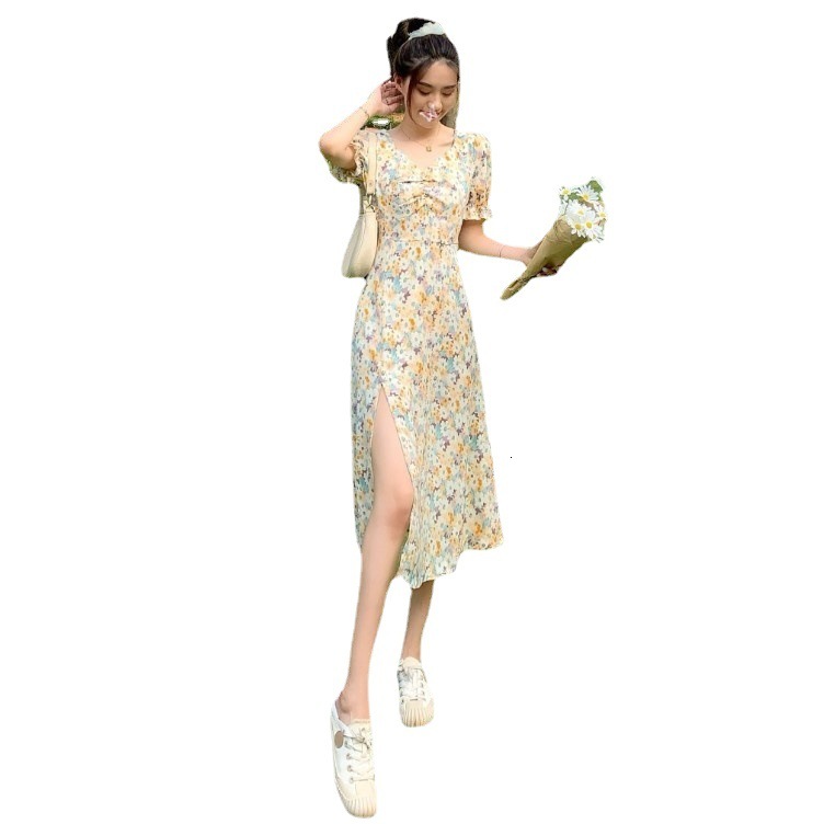 Summer clothing new women's skirt new fashion French bellflower elegant fluffy sleeves V-neck flower dress A-line skirt new luxury designer women
