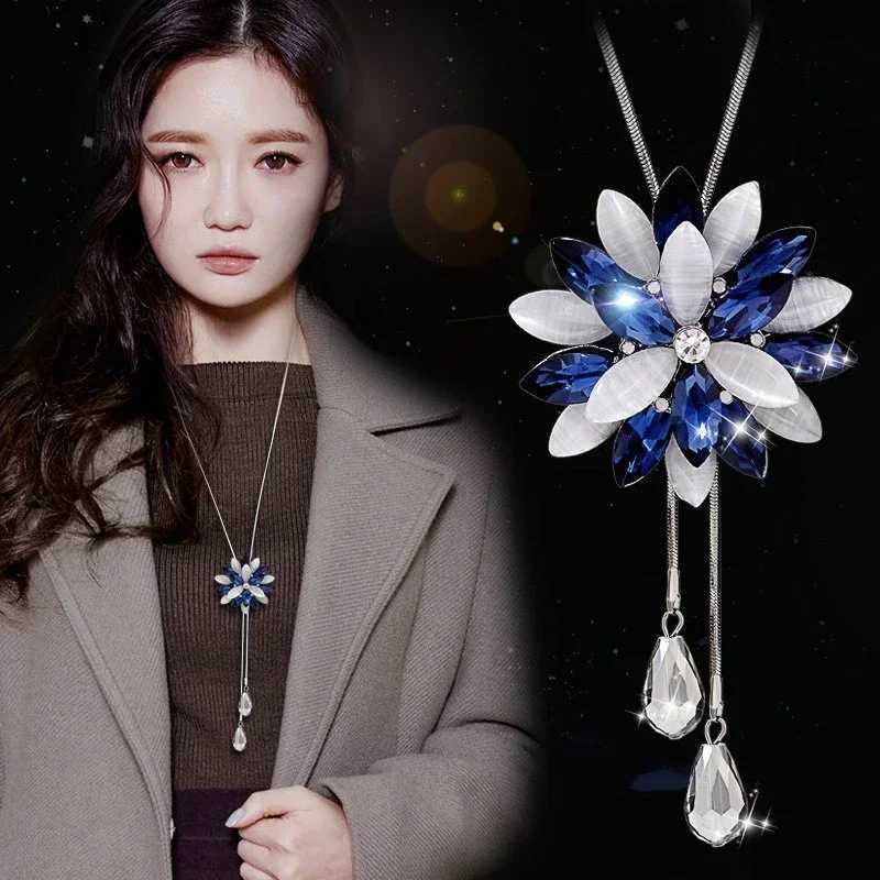 Snowe Zircon Long Necklace Sweater Chain Fine Metal Cute Crystal Rhinestone Opal Flower Pendant Necklaces Adjustable W250712