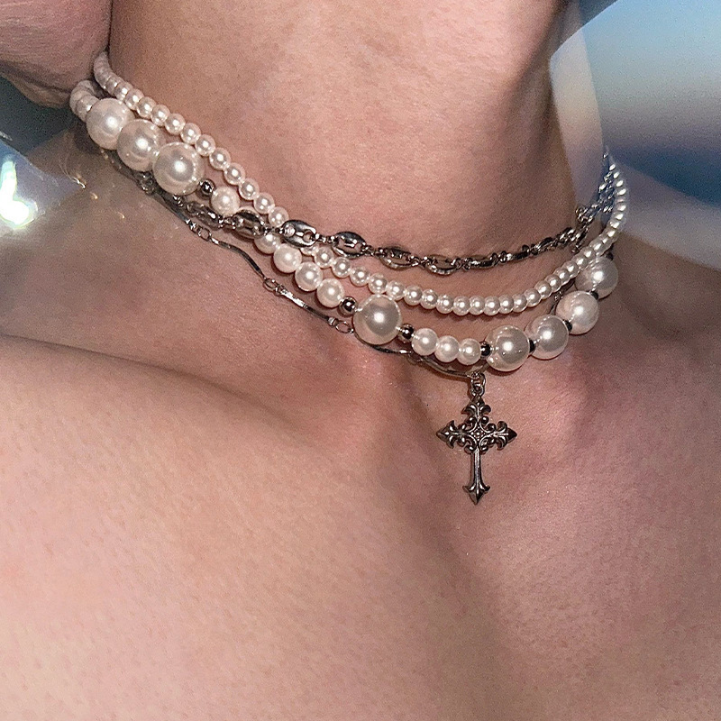 Luxury Jewelry Designer Jewelry Heavy Craft Multi-layer Cross Pearl Titanium Steel Necklace For Men And Women Fashion Trendy Personality Niche Design 