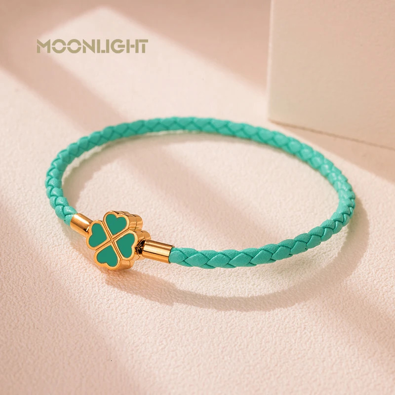 Green Four-Leaf Clover Lucky Bracelet For Women Genuine Braided Leather Bracelet 9 Colors Birthday Party Jewelry ChiristmasGifts 250712