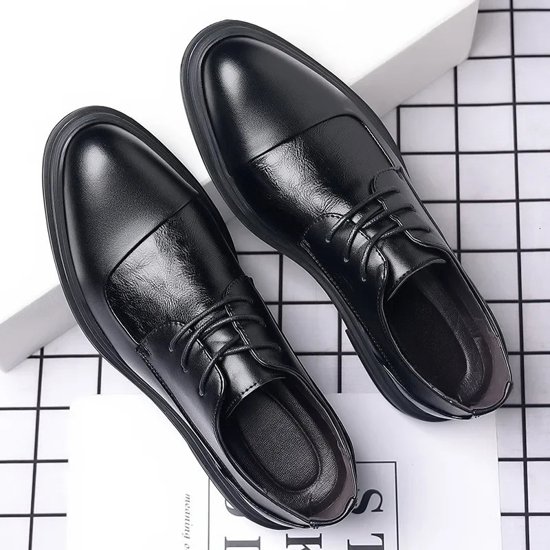 Black Leather Shoes for Men Wed Dress Shoe Lace Up Casual Business Oxfords Point Toe Office Formal Shoes for Male 250712
