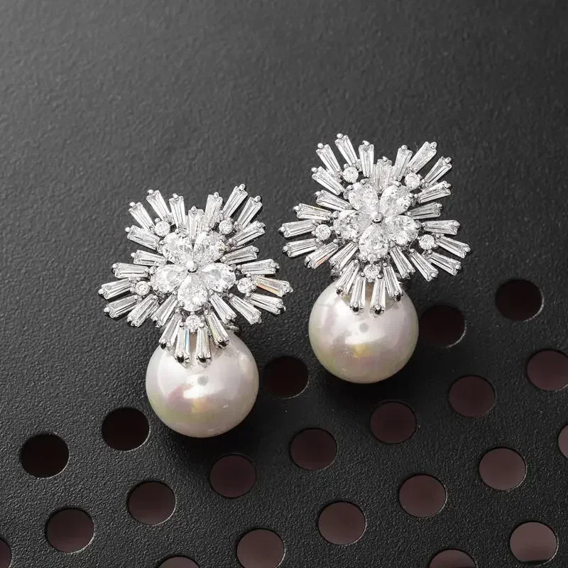 Graceful Female Wedding Earrings with Bright Zirconia Elegant Simulated Pearl Jewelry for Engagement Accessories 250708