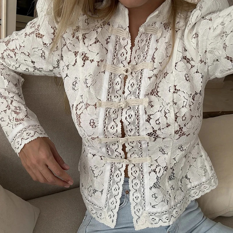 Tornova Lace Hook Flower Womens Shirt Fashion Commuting Long Sleeve Cardigan Top Retro Slim Stand Collar Lady Blouses 250712 - view 3
