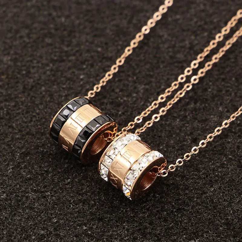 Beautiful Ran Numerals Two Laps Zircon Pendant Necklace For Women Titanium Steel Rose Gold Color Necklace Jewelry Gift W250712