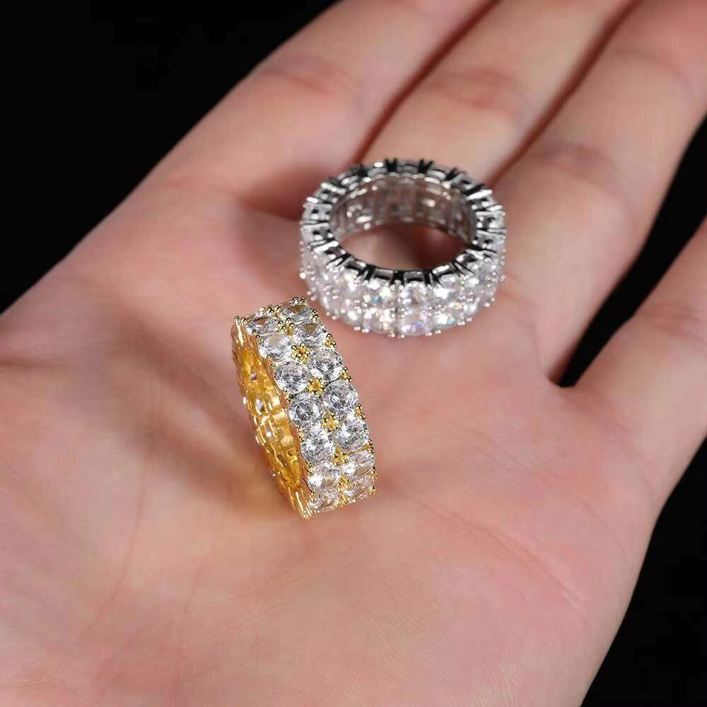 Hip Hop Jewelry Iced Out Diamond Ring Gold Plated Double Row 3A CZ Ring for Men