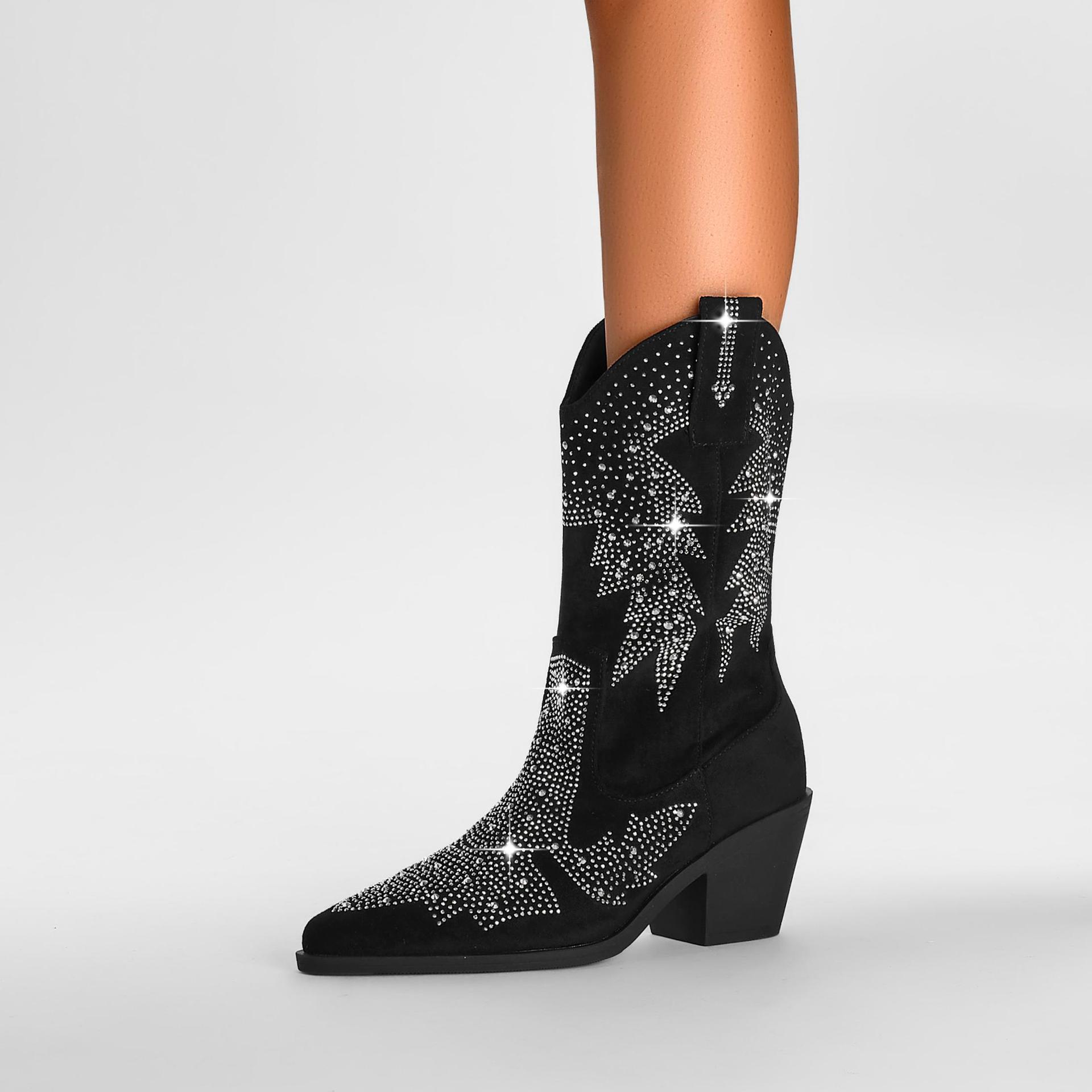 Women's Western Rhinestone Ankle Boots - Pointed Toe Block Heel Suede Fashion Booties