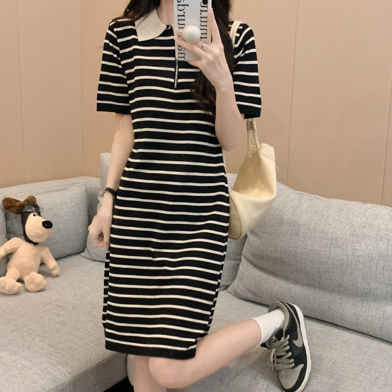 DR266 Loose Stripe Casual Knit Short Skirt Lapel Zipper Midi Skirt