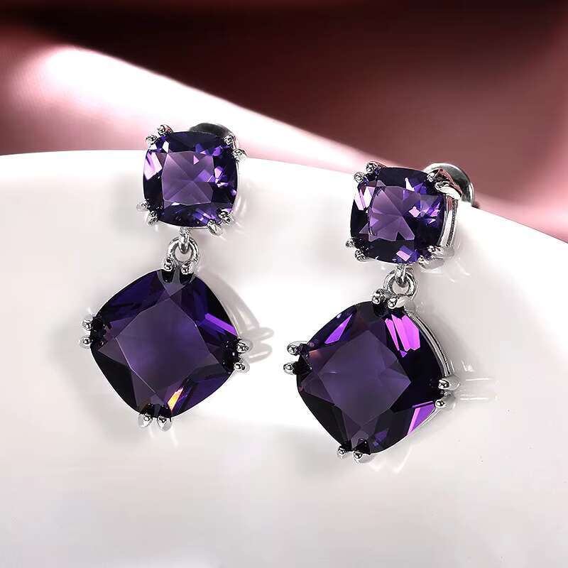 Double Square Purple Gemstones Dangle Earrings Refine New Drop Earrings Romantic Party Earrings