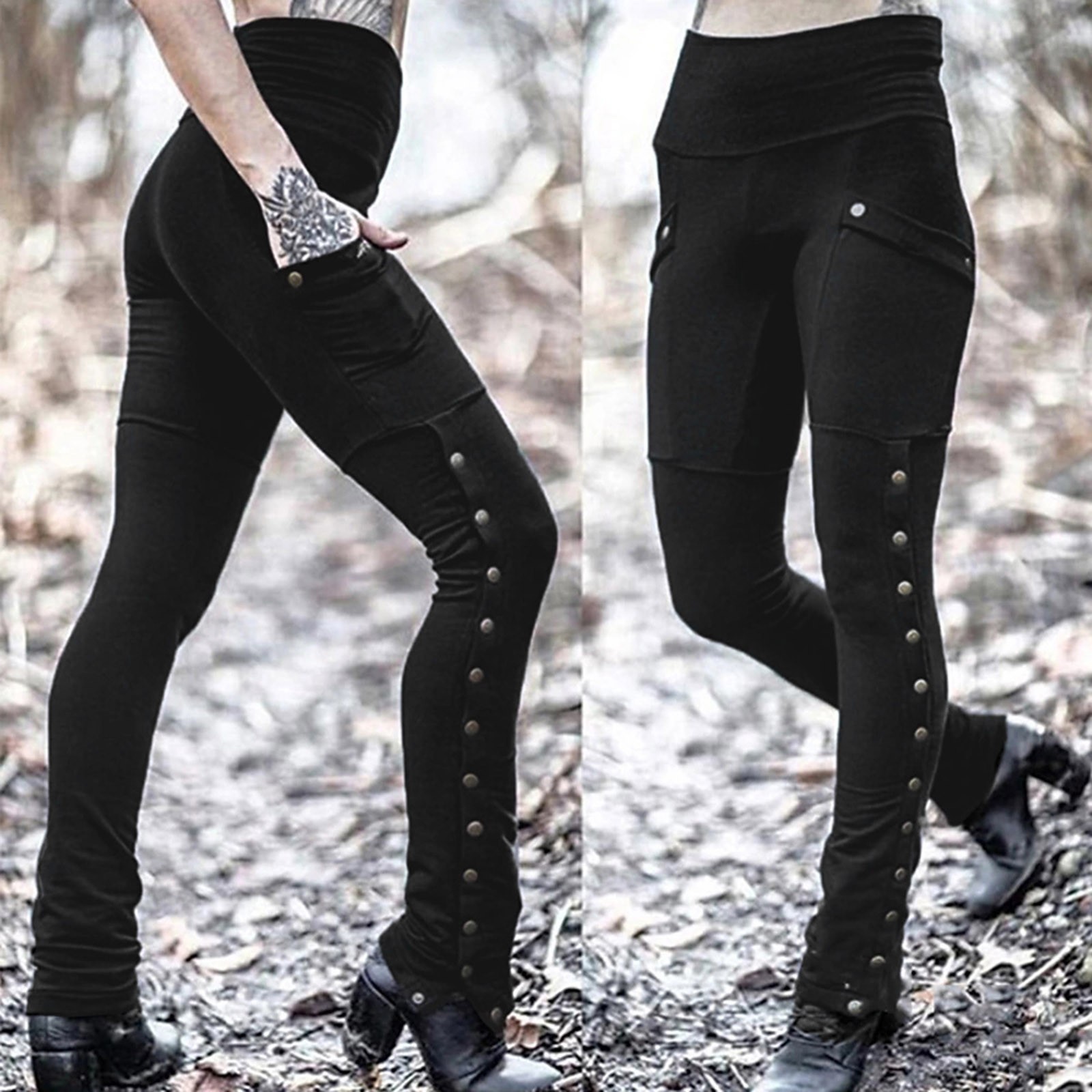 Black Pencil Pants For Women Medieval Gothic Steampunk Rivet Skinny Leggings Trousers Sexy Fashion High Waisted Denim Pants