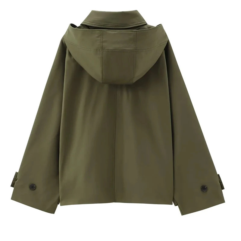 TRAF Female Windbreaker Outerwears Hood Cropped Jacket Women Solid Trench Coat Autumn Long Sleeve Demi-Season Casual Coats 250709
