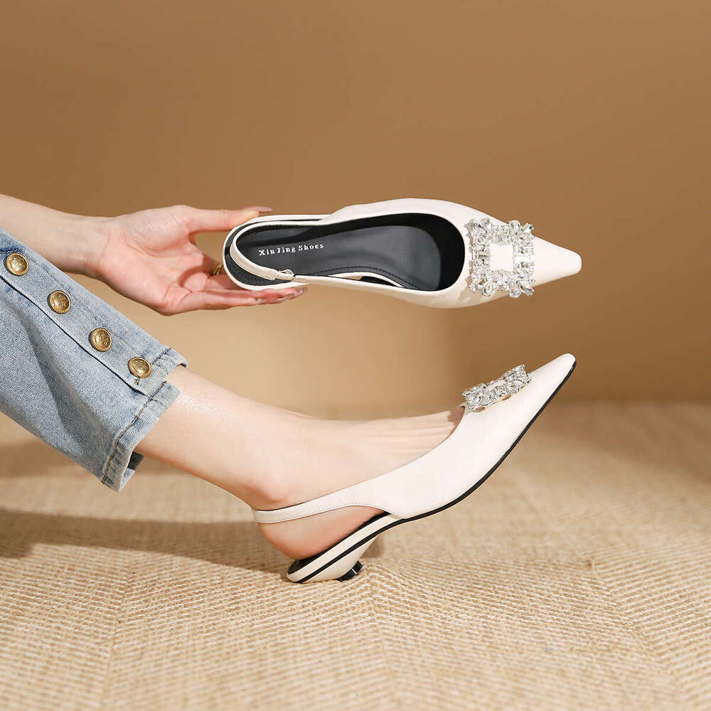 139-6 Sparkling Diamond Pointed Low Heel Spring Summer New French Style Shallow Mouth Square Buckle Backless Flat Single Women's Shoes