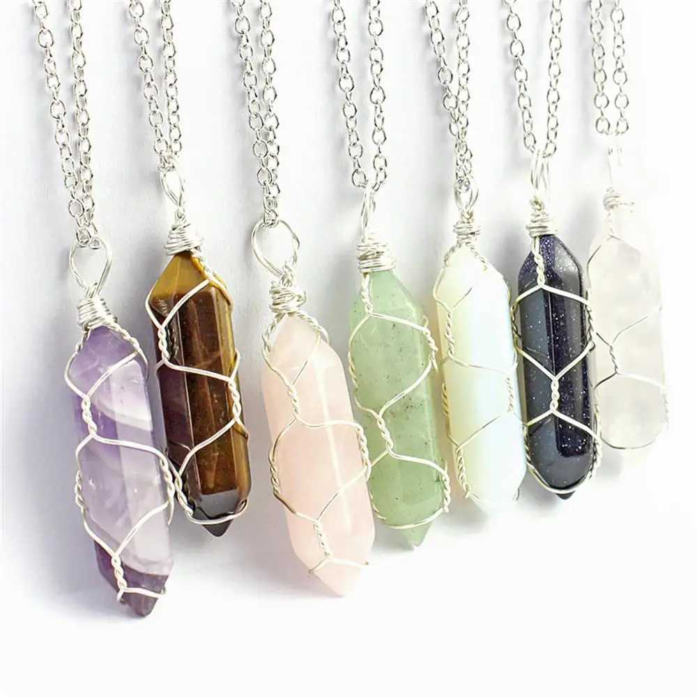 Hexagonal Natural Stone Pendant Necklace for Wen Men Wire Wrap Bt Crystal Necklace Amethyst Quartz Fashion Jewelry W250712