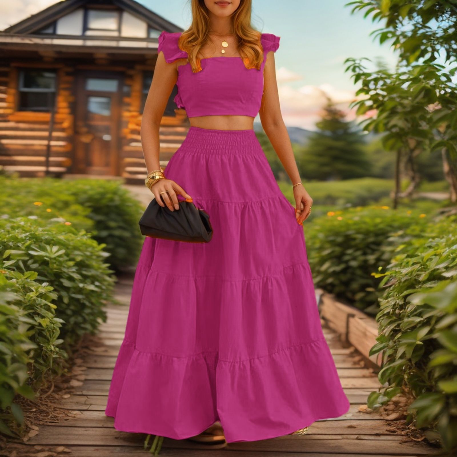 2025 Summer New Women's Skirt Solid Color Sexy Style Ruffle French Strap Skirt Two piece Fashion Women's Skirt New Luxury Designer Women