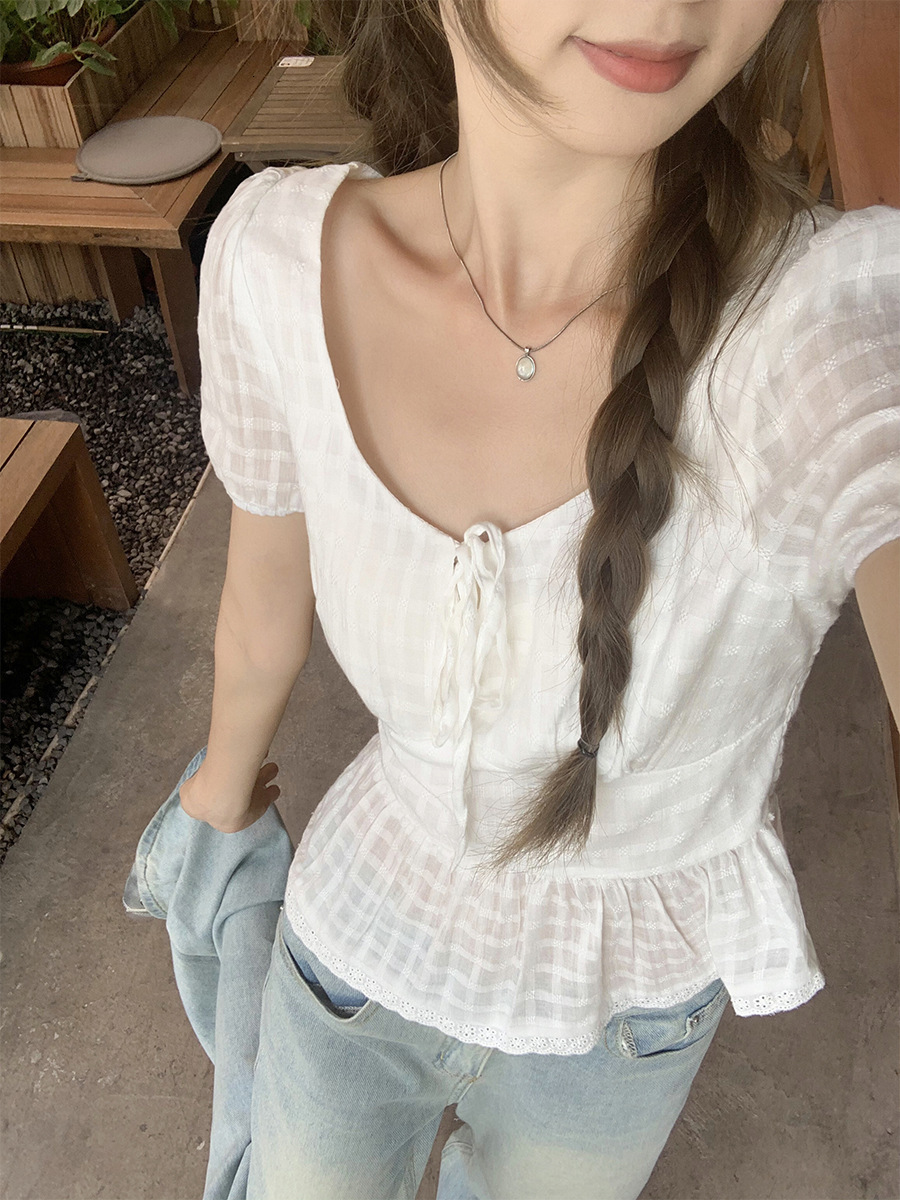 New Women's Top Pure Desire Style Bow Short Sleeve T-shirt Women's Summer New French Age Reducing Waist Slimming Short Top New Designer T-sh