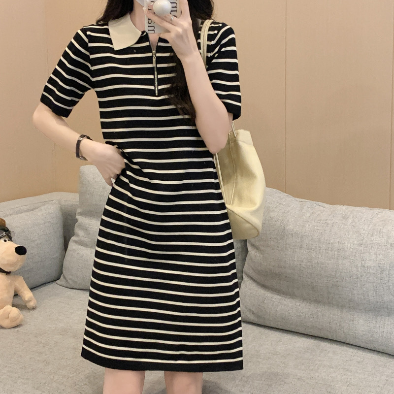 DR266 Loose Stripe Casual Knit Short Skirt Lapel Zipper Midi Skirt
