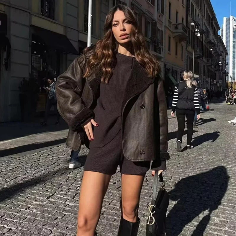 MUJER Faux Leather Jackets for Women Winter Warm Bomber Jacket Woman Long Sleeve Womens Coats Plush Oversized Womens Jackets 250709