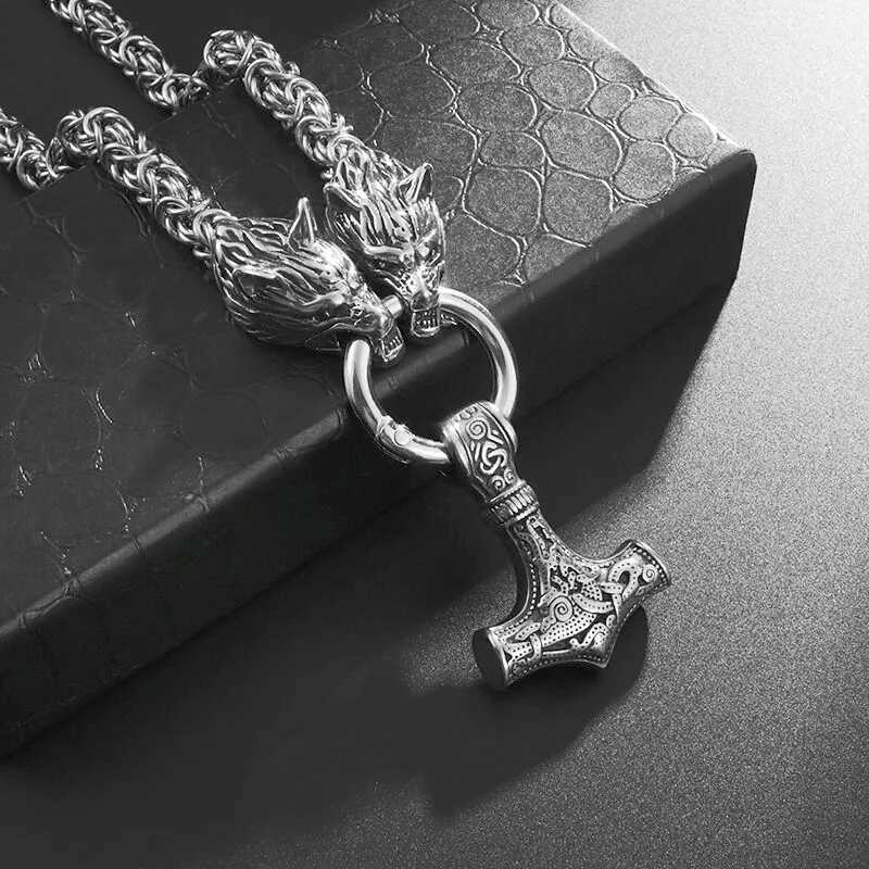 igh Quality Vintage Nordic Necklace Doub Wolf Thors Hammer Pendant Necklace Men Stainss Steel Jewelry Gift W250712