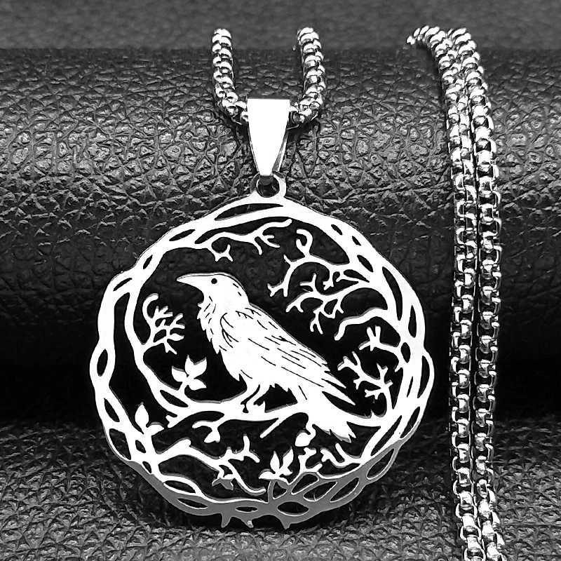 Hollow Crow Raven Birds Pendant Necklace Stainless Steel Black Color Love Flower of Life Knight Chain Jewelry Gifts W250712