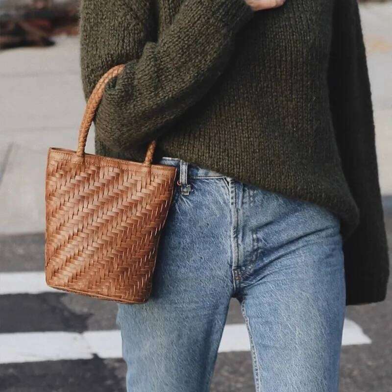 Women Small Woven PU Leather Shoulder Bags Bucket Vintage Hollow Out Female Handbag Girl Totes Bag