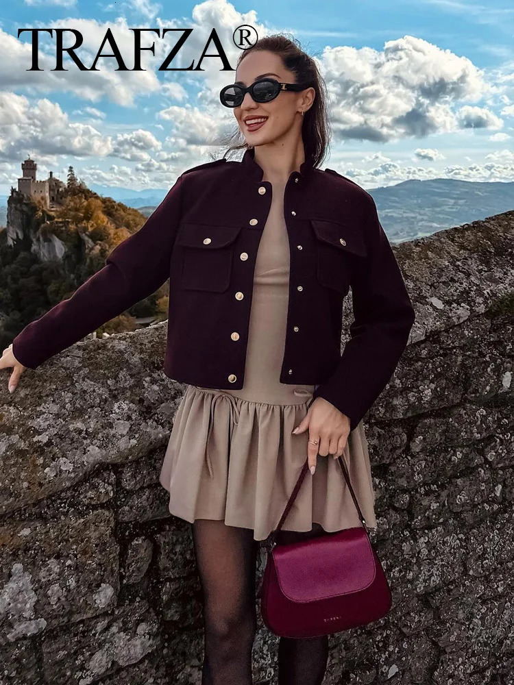 TRAFZA Fashion Women Soft Tweed Bomber Jacket O-Neck Long Sleeve Pockets Buttons Loose Woolen Coat Female Streetwear 250709