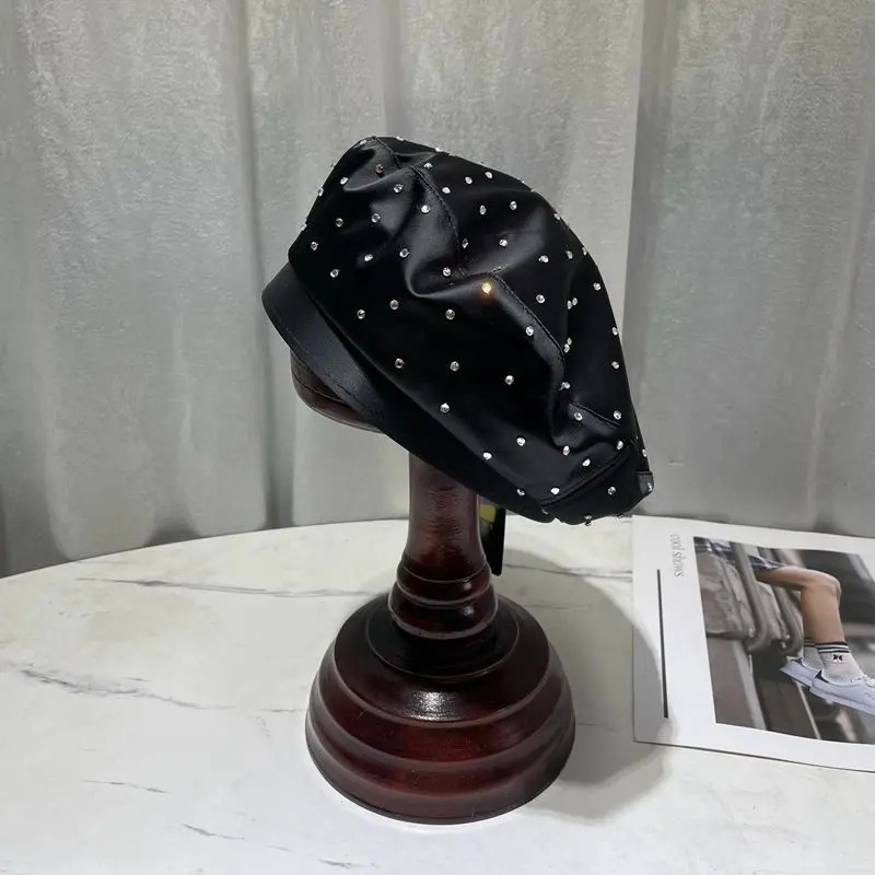 Satin Rhinestone Beret Cap Womens Fashion Black Painter Hat Spring and Autumn Octagonal Hats sboy Gorras Casquette 250712