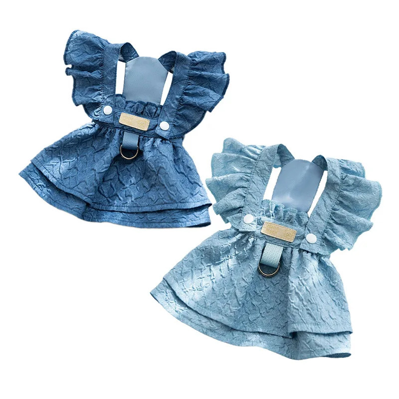 Denim Dog Dresses for Small Dogs Puppy Girl Clothes with Leash Ring Flying Sleeves Summer Cat Apparel Blue Chihuahua Outfits 250708