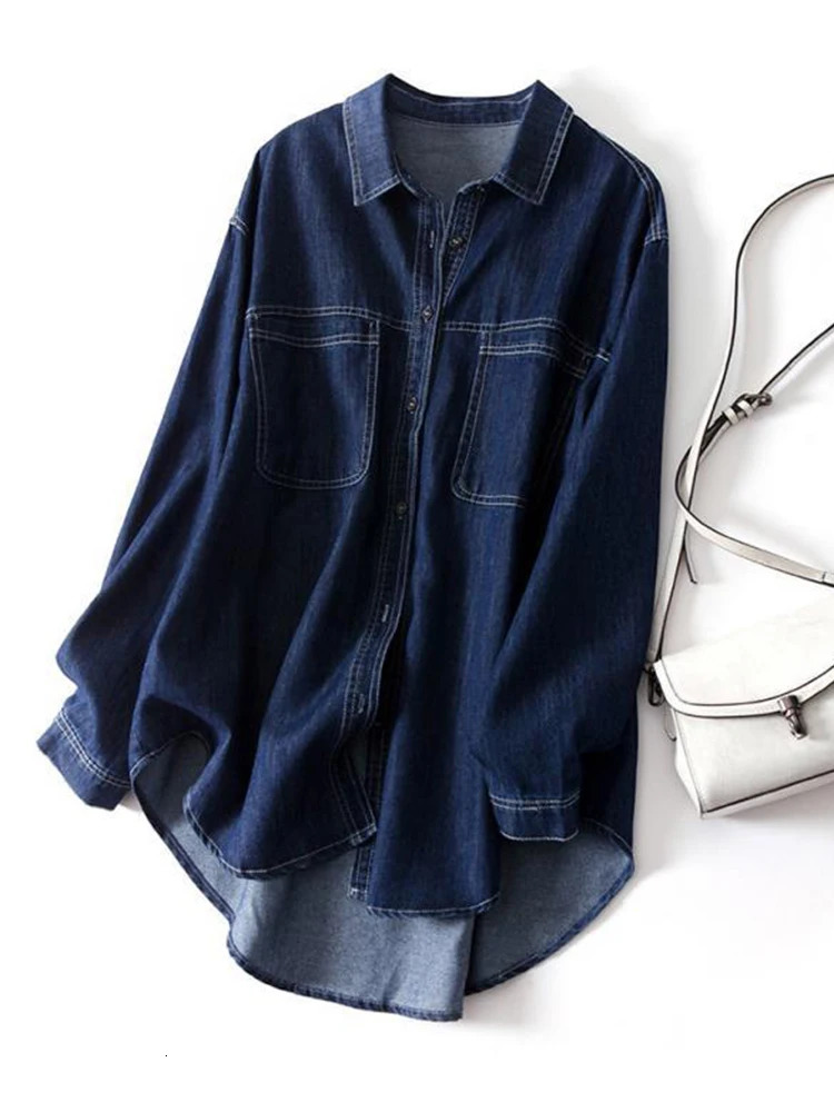 100 Cotton Women Denim Shirts Loose Vintage ned Female Jeans Long Sleeve Blue Casual Streeetwear Tops 250704