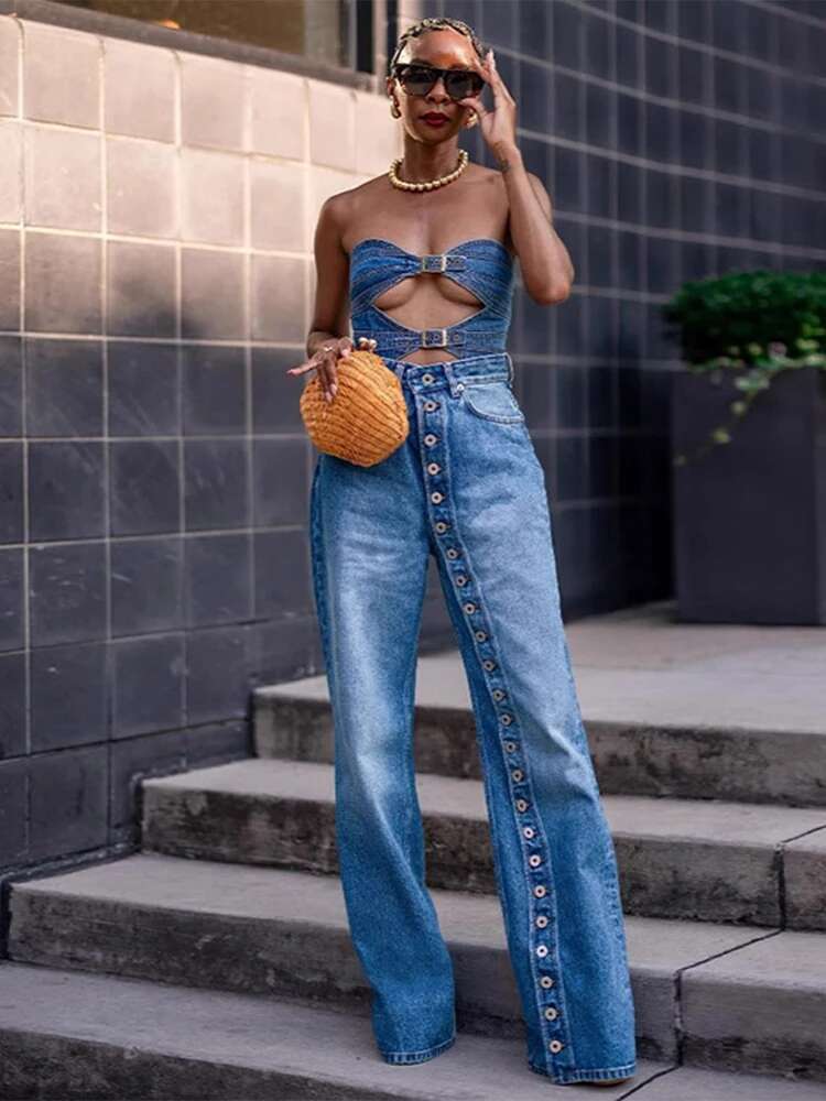 Multi-Breasted Washed Women Jeans Wide Leg High Waist Lady Pants 2025 Fashion Spring All Match Highstreet Design Female Trousers