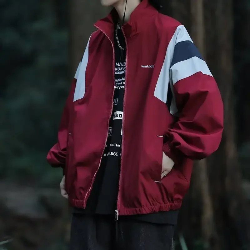 Japanese Style Color Block Blazer Jacket Mens Loose Fit Casual Clothing Outdoor Stand Collar Vintage Fashion American Style 250708