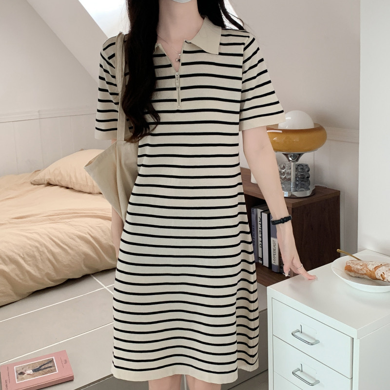 DR266 Loose Stripe Casual Knit Short Skirt Lapel Zipper Midi Skirt