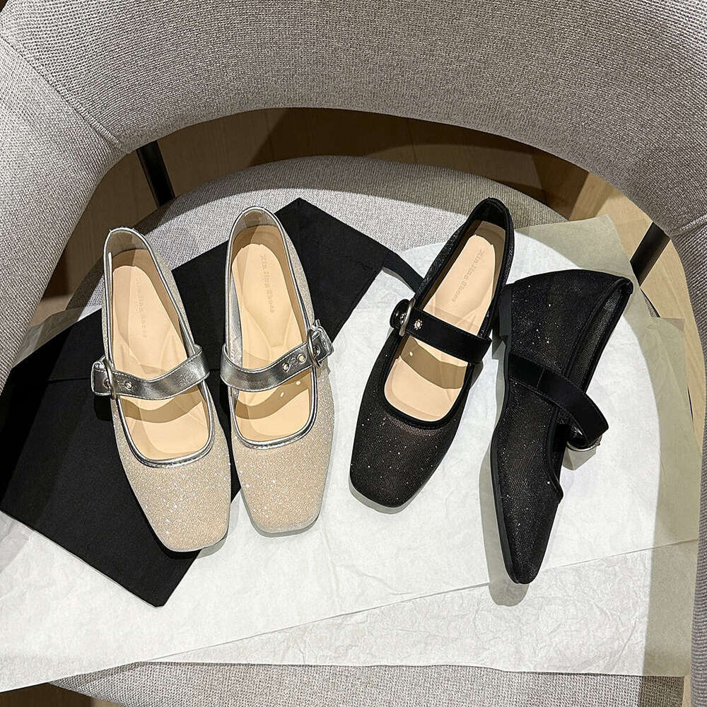 796-12 French Style Belt Buckle Mid-Heel for Women Spring Sequin Patchwork Mesh Hidden Heel Single Mary Jane Shoes