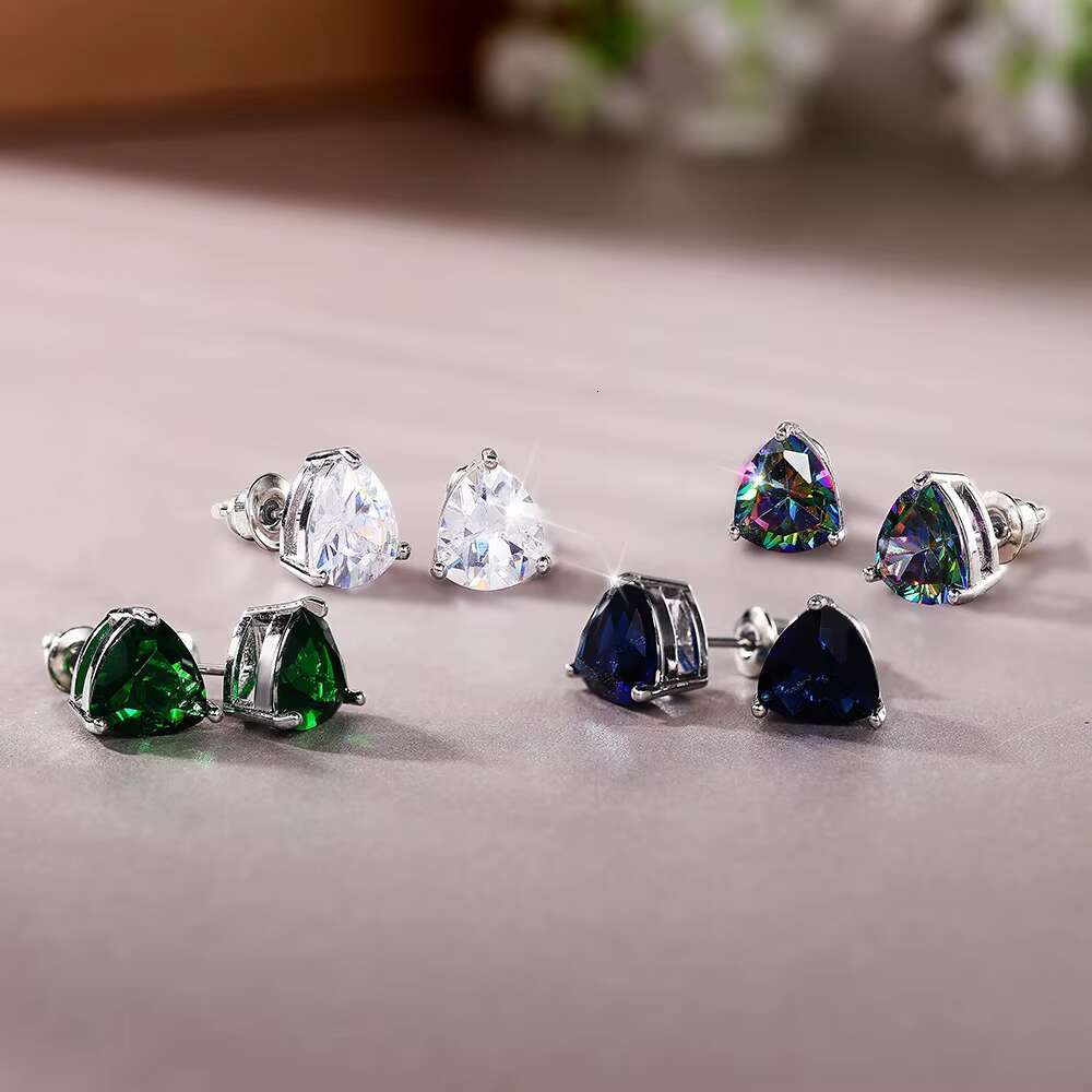 Newly Triangle Design White/Multi/Green/Blue Color Cubic Zirconia Earring for Women Silver Plated Wholesale Stud Earrings
