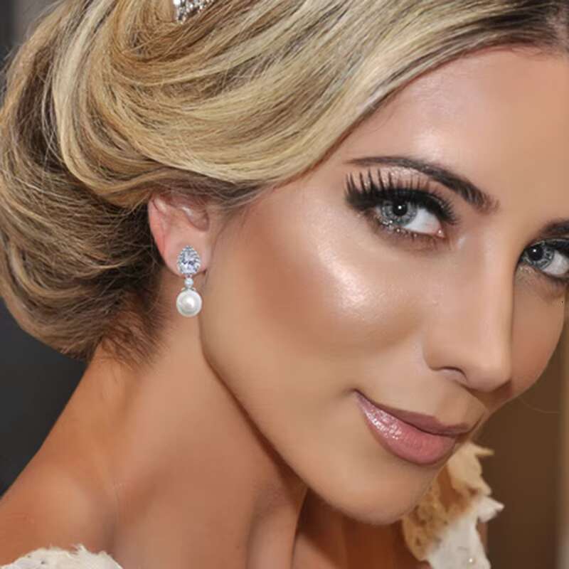 Elegant Bride Pendant Pear Cut Earrings Wedding Engagement Cubic Zirconia Silver Color Pearl Earrings for Women