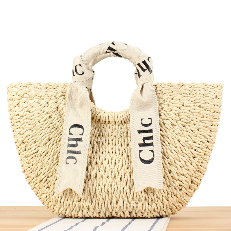 2025 Summer Straw Woven Bag Women Large Capacity Weaving Handbags with Scarf Handmade Knitted Ladies Shoulder Bag Beach Tote Bag