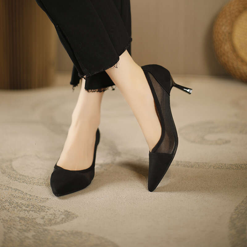 100-2 Breathable Mesh Lace Slip-On Pointed Toe Fashion Women's Simple Closed-Toe Mid-Heel Shoes