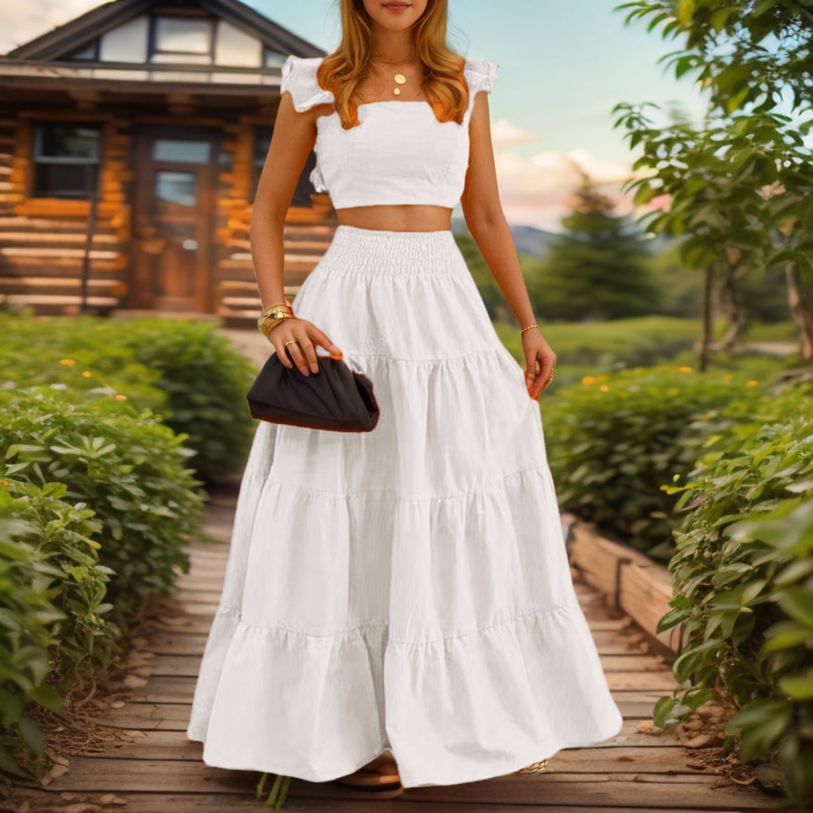 2025 Summer New Women's Skirt Solid Color Sexy Style Ruffle French Strap Skirt Two piece Fashion Women's Skirt New Luxury Designer Women