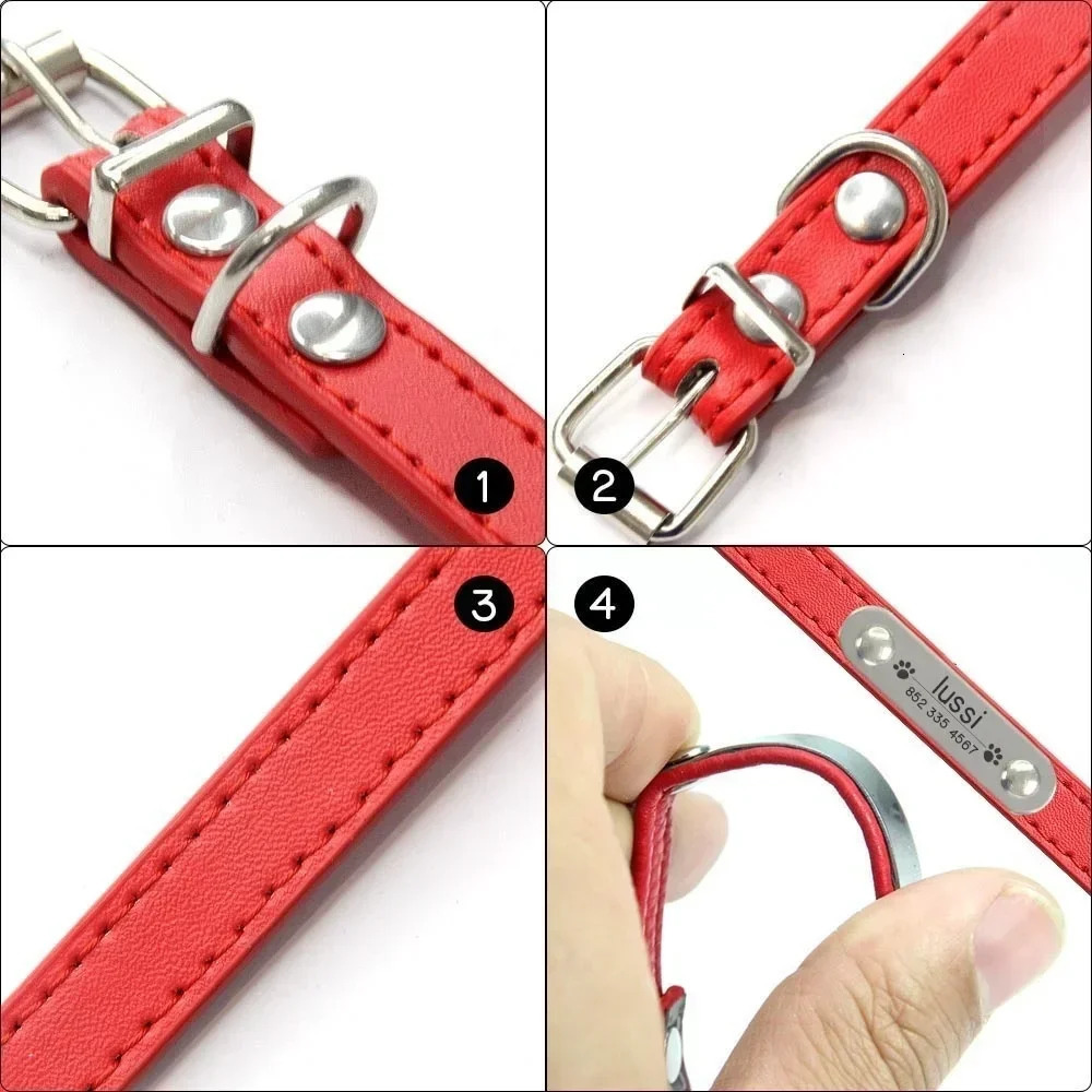 Personalized Dog Collar Name Carved ID Anti-lost Solid PU Leather Collar For Small Medium Large Dogs Puppy Cat Pet Supplies Pink 250709