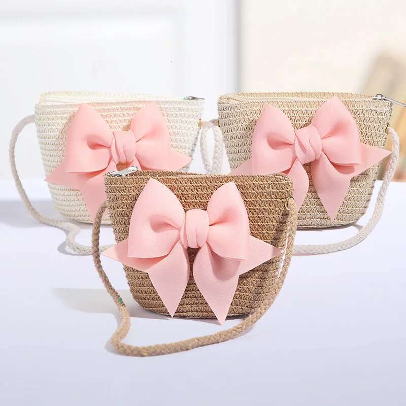 New Pink Bow Girl Zipper Woven Straw Kids Princess Messenger Outdoor Travel Keys Candy Crossbody Bags